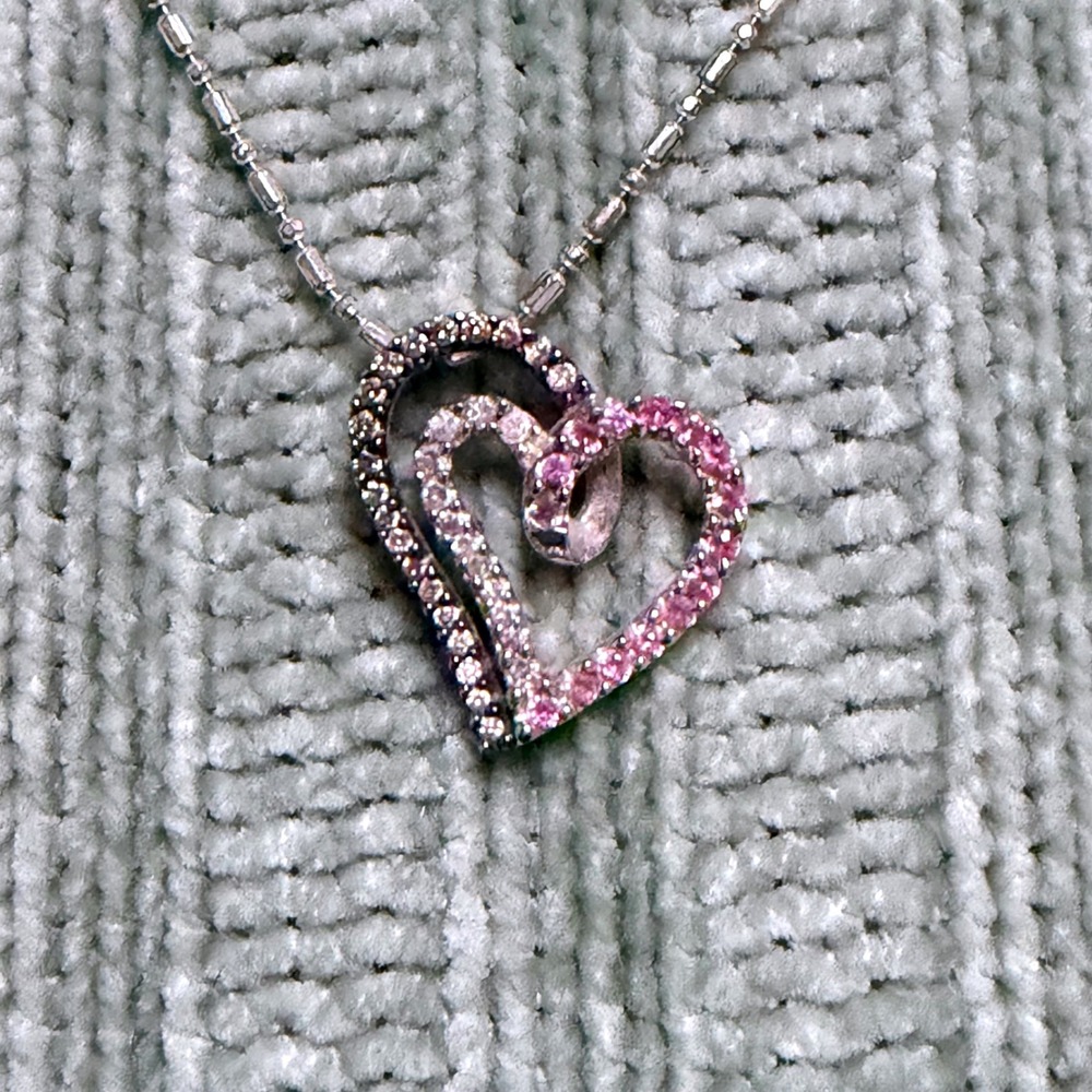 925 Sterling Silver Double Heart Pendant Necklace Pink White Stones Italy